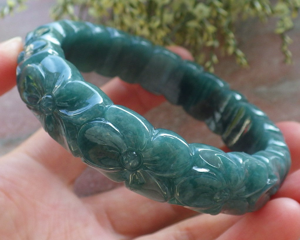 Certified Icy Green Burma 100% Natural A JADE Jadeite Flower Bangle Bracelet 57 mm 643784 TN