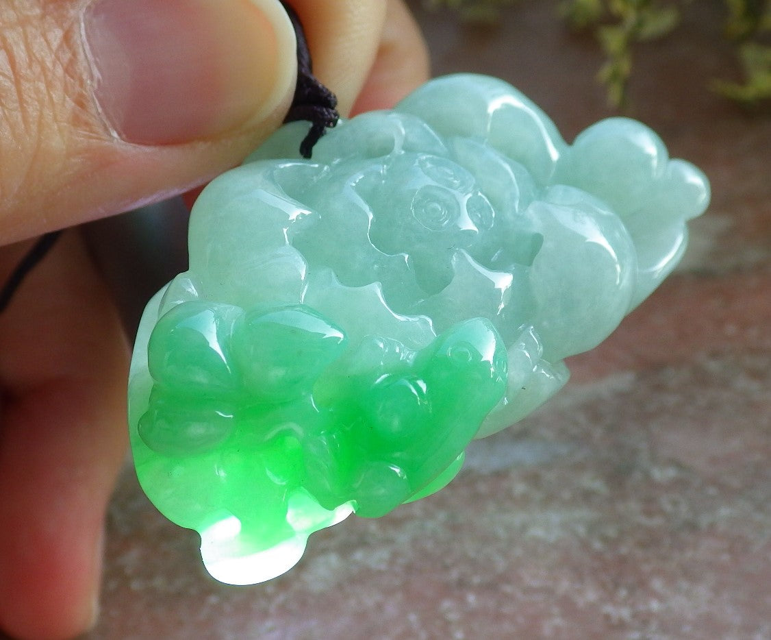 Certified Green Burma 100% Natural A Jade jadeite Pendant Frog Toad Lotus Flower Gourd Necklace 招财蟾 643890 TN