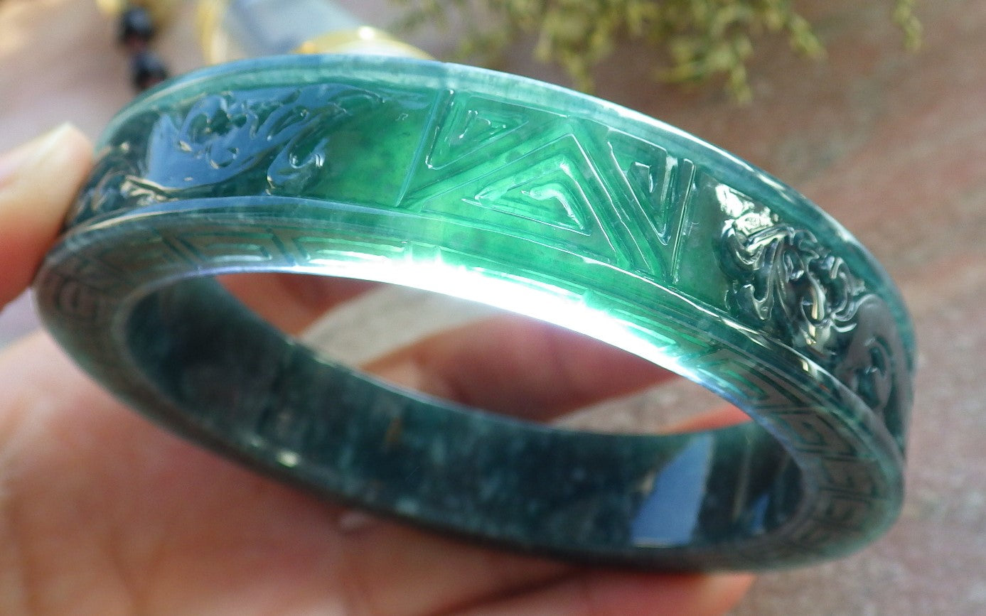 Certified Icy Green Burma 100% Natural A JADE Jadeite Dragon Phoenix Bangle Bracelet 65 mm 手镯 643908 TN