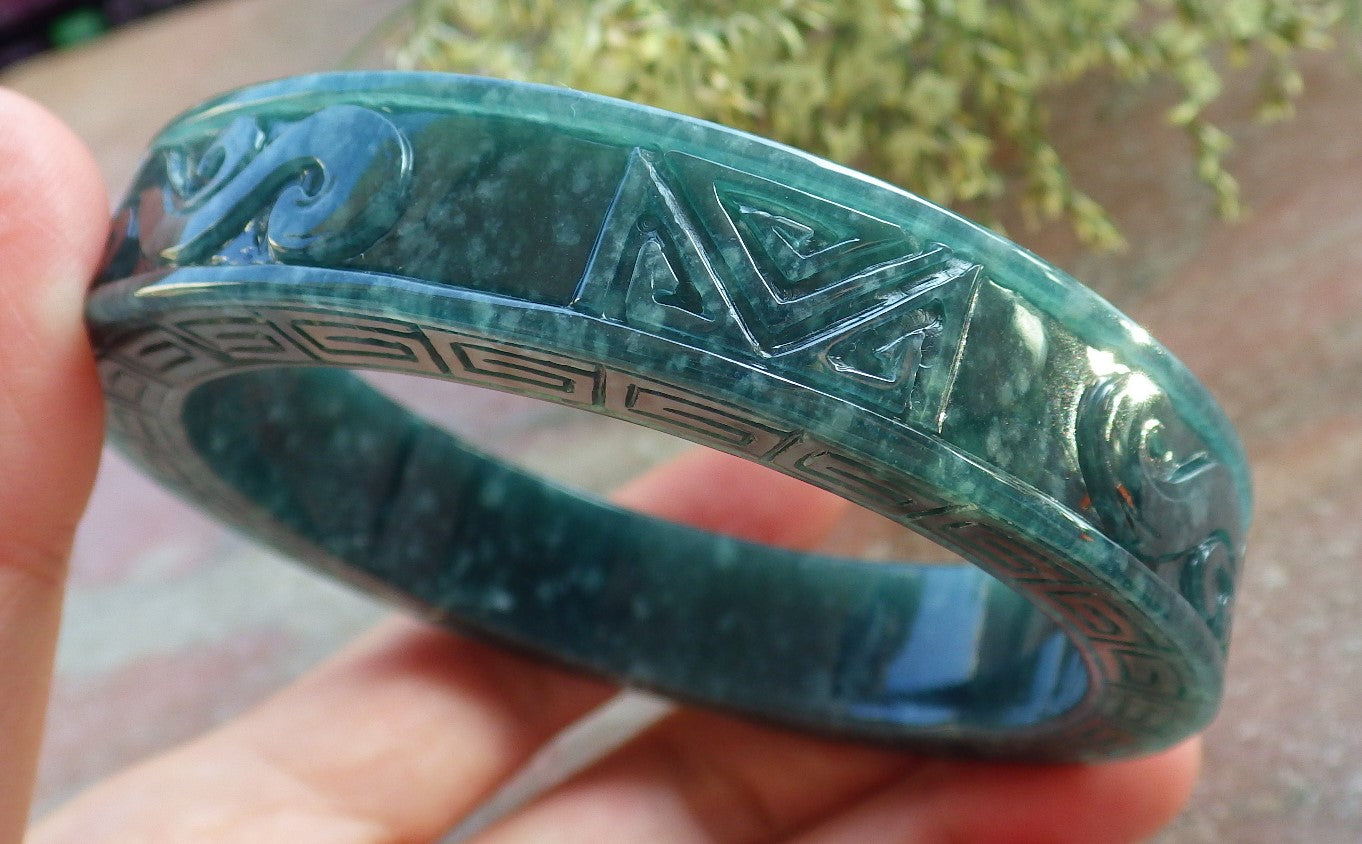 Certified Icy Green Burma 100% Natural A JADE Jadeite Dragon Phoenix Bangle Bracelet 65 mm 手镯 643908 TN