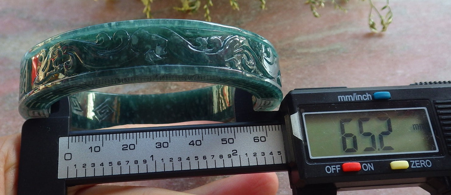 Certified Icy Green Burma 100% Natural A JADE Jadeite Dragon Phoenix Bangle Bracelet 65 mm 手镯 643908 TN