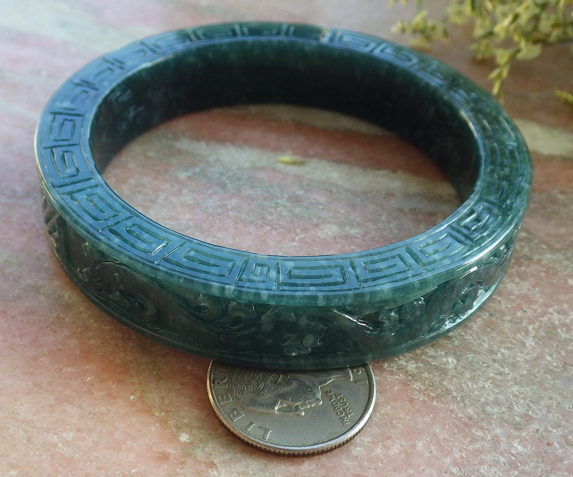 Certified Icy Green Burma 100% Natural A JADE Jadeite Dragon Phoenix Bangle Bracelet 65 mm 手镯 643908 TN