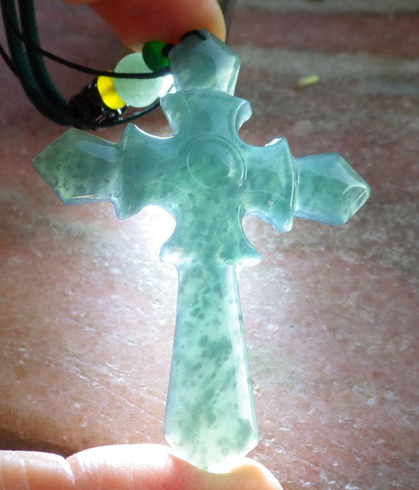 Certified Icy Green Burma 100% Natural A Jade jadeite Pendant Jesus Cross Necklace 十字架 643928 TN