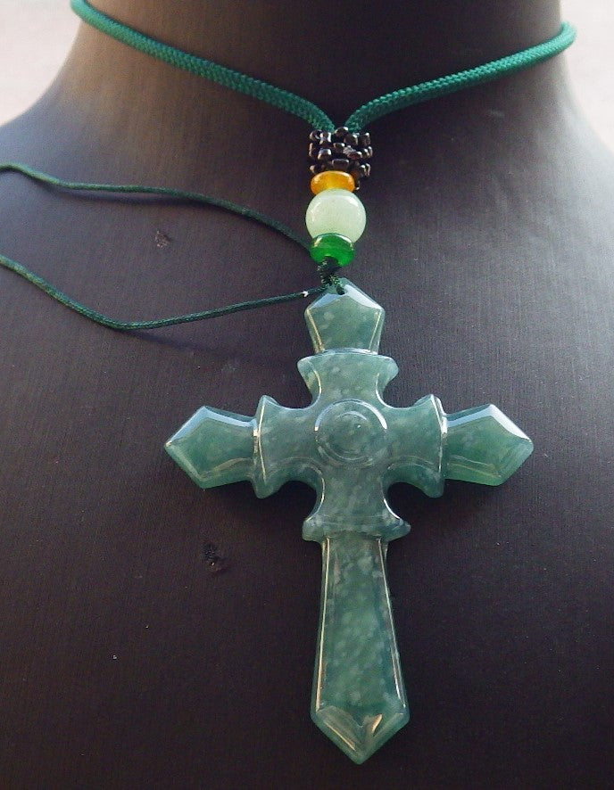 Certified Icy Green Burma 100% Natural A Jade jadeite Pendant Jesus Cross Necklace 十字架 643928 TN