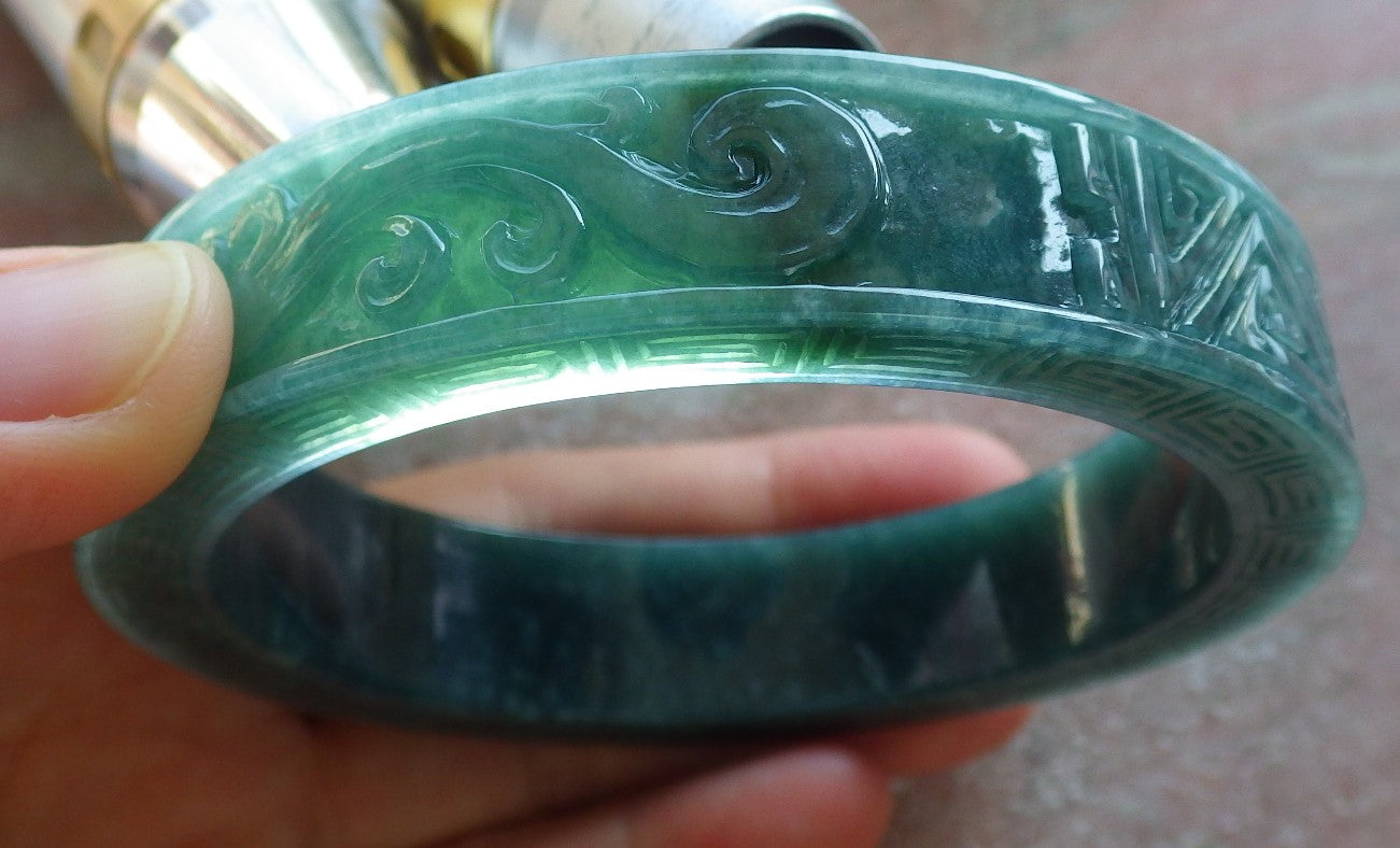 Certified Icy Green Burma 100% Natural A JADE Jadeite Dragon Phoenix Longevity Bangle Bracelet 64 mm 手镯 643994 TN