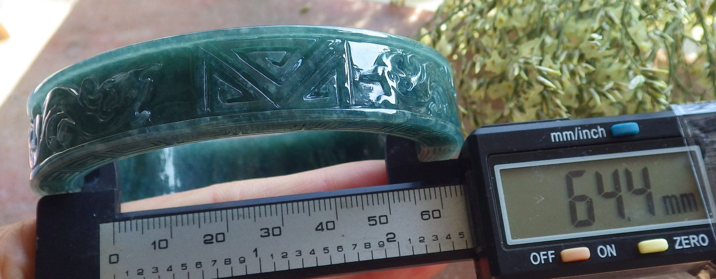 Certified Icy Green Burma 100% Natural A JADE Jadeite Dragon Phoenix Longevity Bangle Bracelet 64 mm 手镯 643994 TN