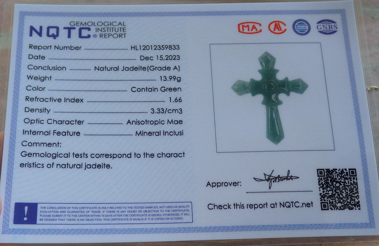 Certified Icy Green Burma 100% Natural A Jade jadeite Pendant Jesus Cross Necklace 十字架 644032 TN