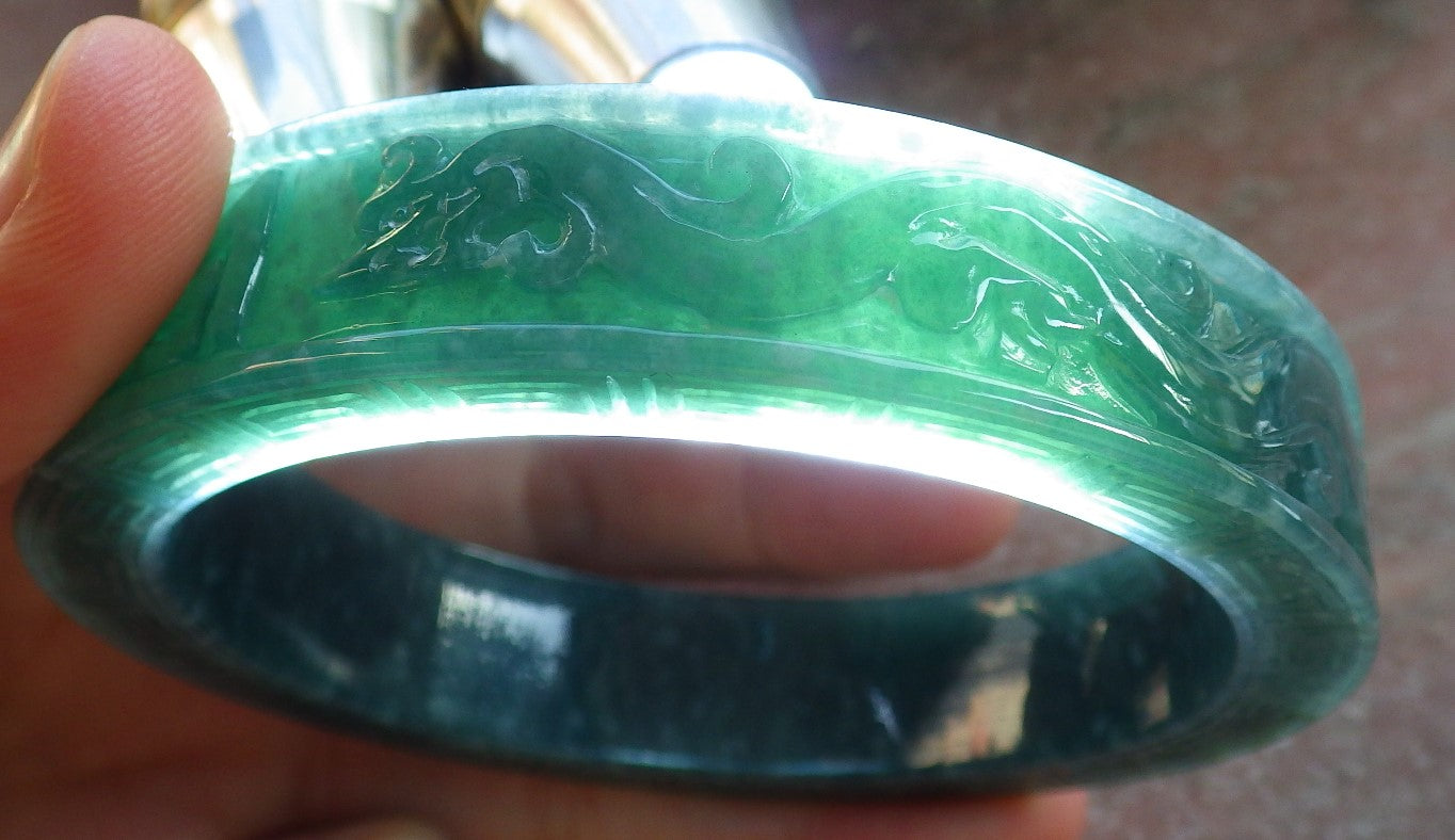 Certified Icy Green Burma 100% Natural A JADE Jadeite Dragon Phoenix Longevity Bangle Bracelet 65 mm 手镯 644110 TN