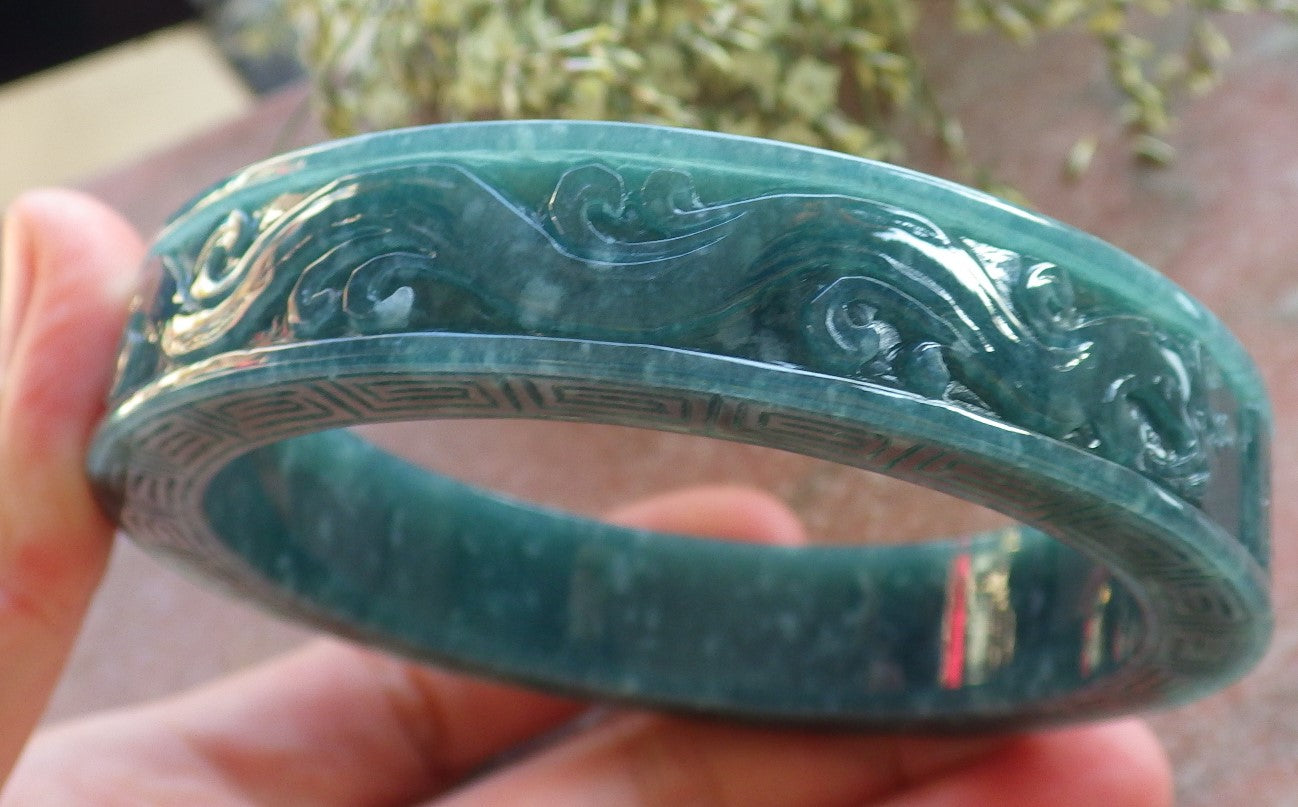 Certified Icy Green Burma 100% Natural A JADE Jadeite Dragon Phoenix Longevity Bangle Bracelet 65 mm 手镯 644110 TN
