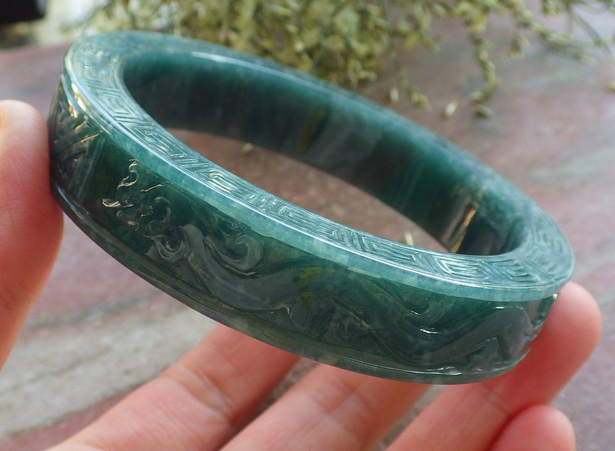 Certified Icy Green Burma 100% Natural A JADE Jadeite Dragon Phoenix Longevity Bangle Bracelet 65 mm 手镯 644110 TN
