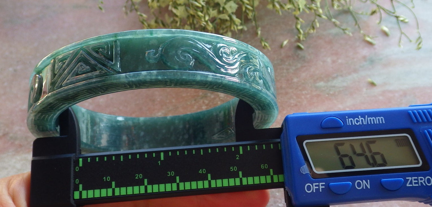 Certified Icy Green Burma 100% Natural A JADE Jadeite Dragon Phoenix Longevity Bangle Bracelet 65 mm 手镯 644110 TN