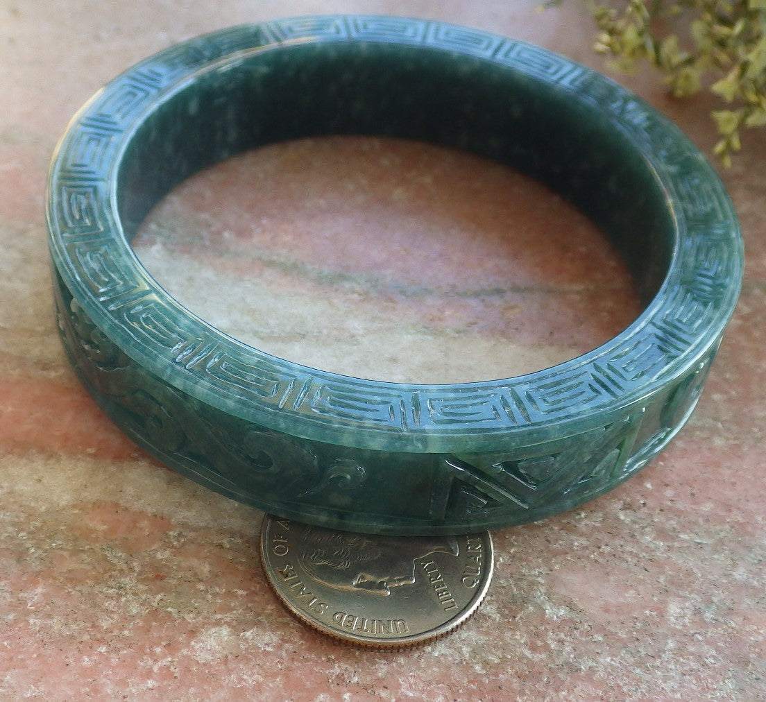 Certified Icy Green Burma 100% Natural A JADE Jadeite Dragon Phoenix Longevity Bangle Bracelet 65 mm 手镯 644110 TN