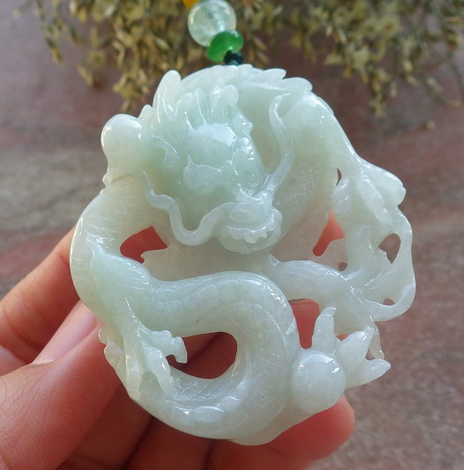 Certified Green Burma 100% Natural A Jade jadeite Pendant Dragon Money Coin Necklace 生意兴隆 644138 TN