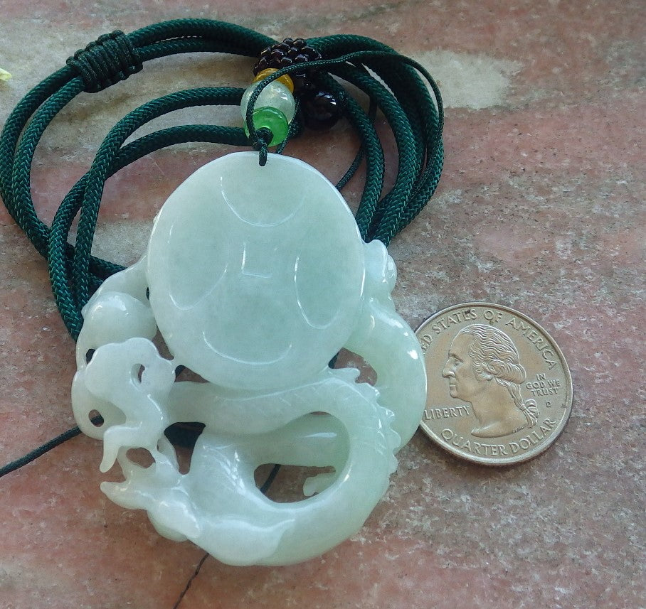 Certified Green Burma 100% Natural A Jade jadeite Pendant Dragon Money Coin Necklace 生意兴隆 644138 TN