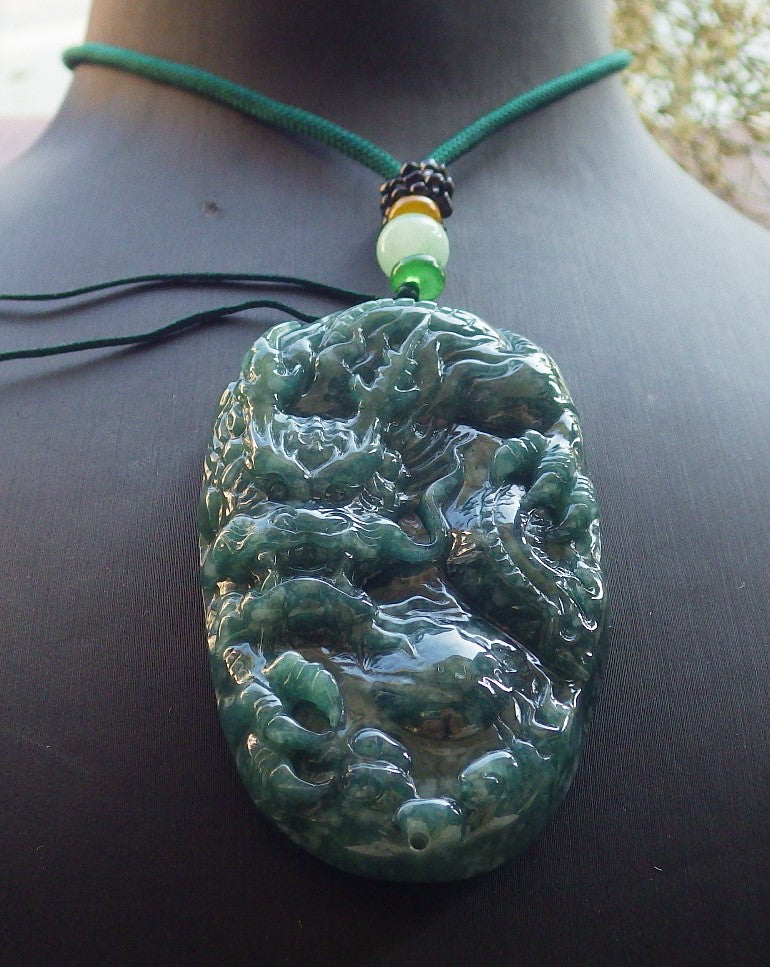 Certified Green Burma 100% Natural A Jade jadeite Pendant Dragon Necklace 生意兴隆 644147 TN