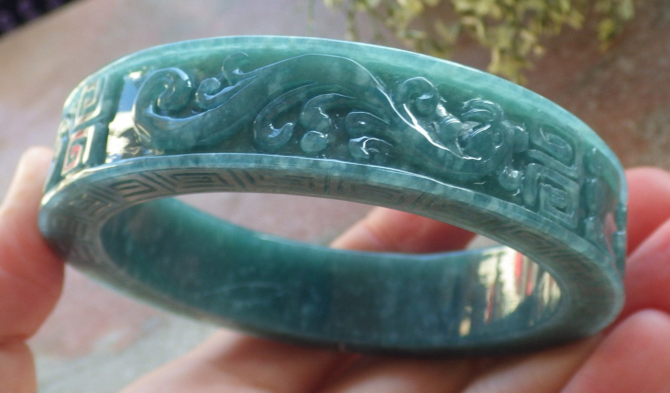 Certified Icy Green Burma 100% Natural A JADE Jadeite Dragon Phoenix Longevity Bangle Bracelet 60.8 mm 手镯 644156 TN
