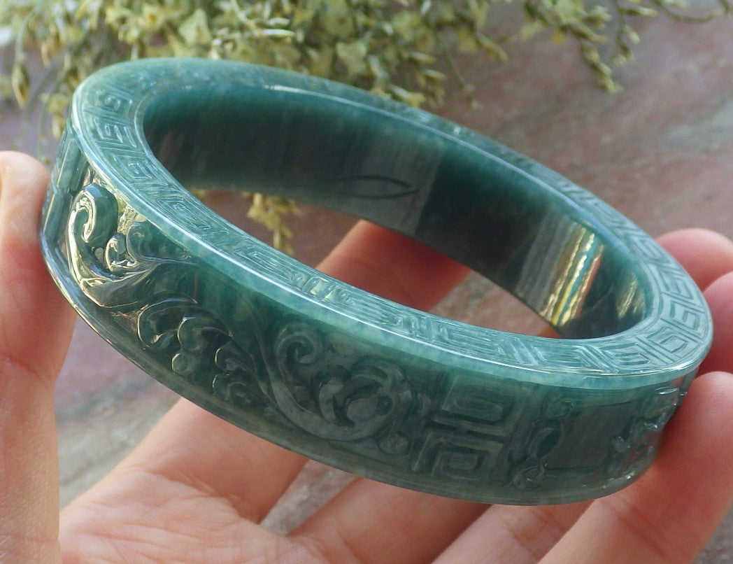 Certified Icy Green Burma 100% Natural A JADE Jadeite Dragon Phoenix Longevity Bangle Bracelet 60.8 mm 手镯 644156 TN