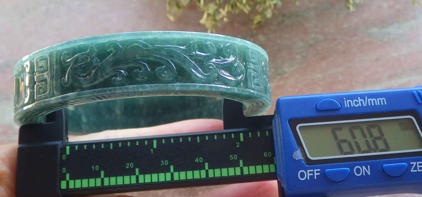 Certified Icy Green Burma 100% Natural A JADE Jadeite Dragon Phoenix Longevity Bangle Bracelet 60.8 mm 手镯 644156 TN