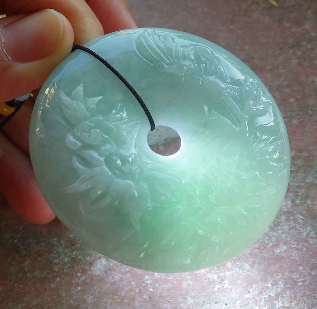 Certified Green Burma 100% Natural A Jade jadeite Pendant Butterfly Flower Circle Necklace 平安扣 644204 TN
