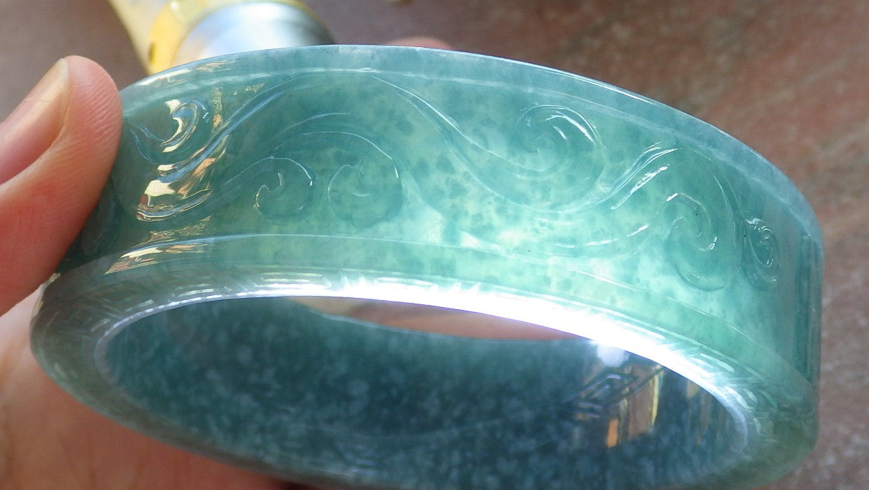 Certified Icy Green Burma 100% Natural A JADE Jadeite Dragon Phoenix Longevity Bangle Bracelet 64 mm 手镯 644211 TN