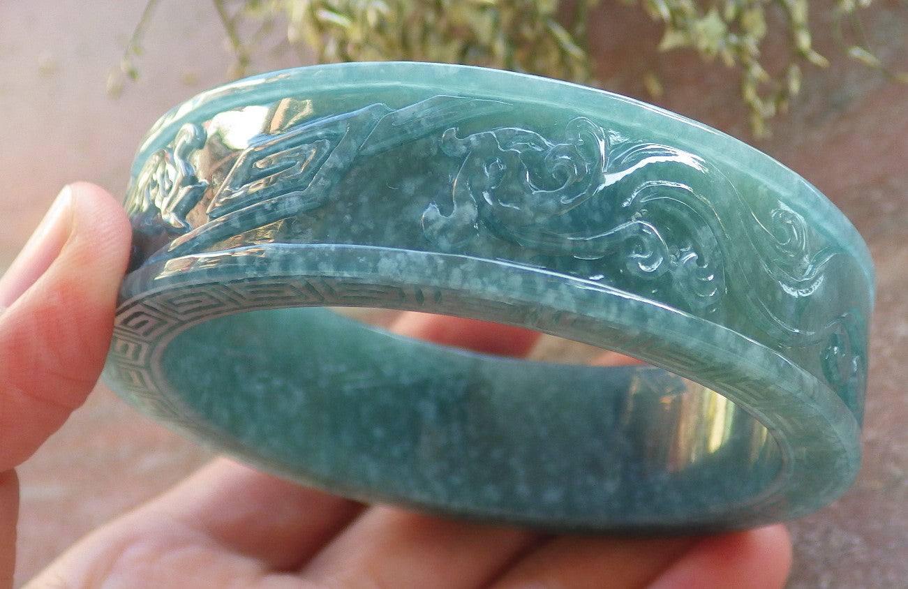 Certified Icy Green Burma 100% Natural A JADE Jadeite Dragon Phoenix Longevity Bangle Bracelet 64 mm 手镯 644211 TN