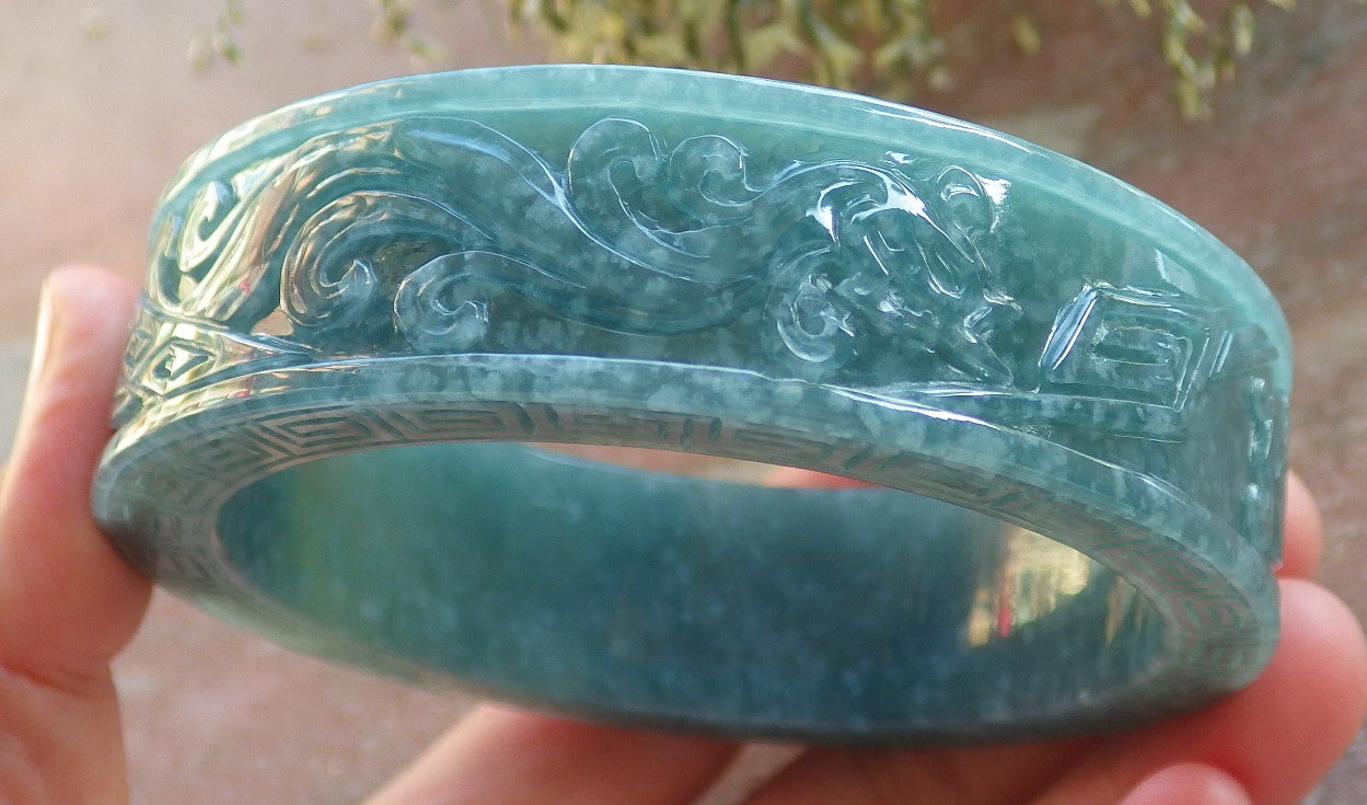 Certified Icy Green Burma 100% Natural A JADE Jadeite Dragon Phoenix Longevity Bangle Bracelet 64 mm 手镯 644211 TN