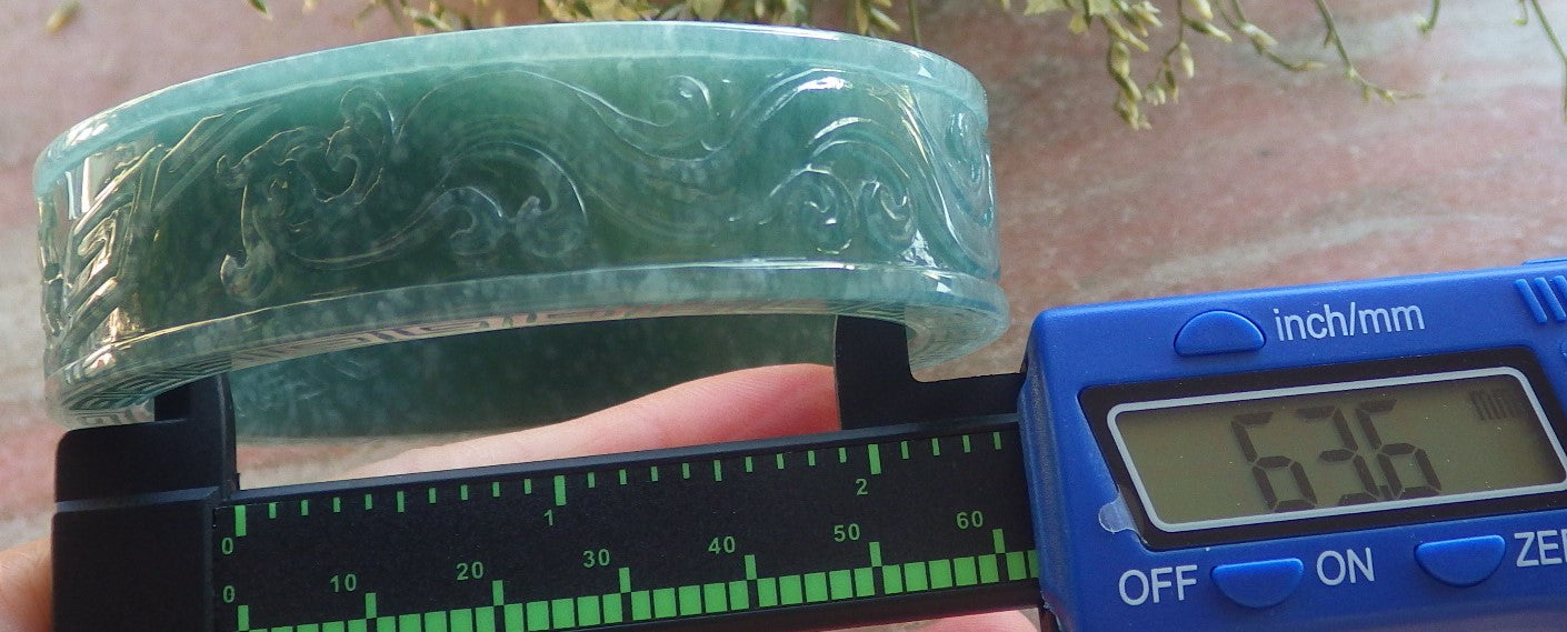 Certified Icy Green Burma 100% Natural A JADE Jadeite Dragon Phoenix Longevity Bangle Bracelet 64 mm 手镯 644211 TN