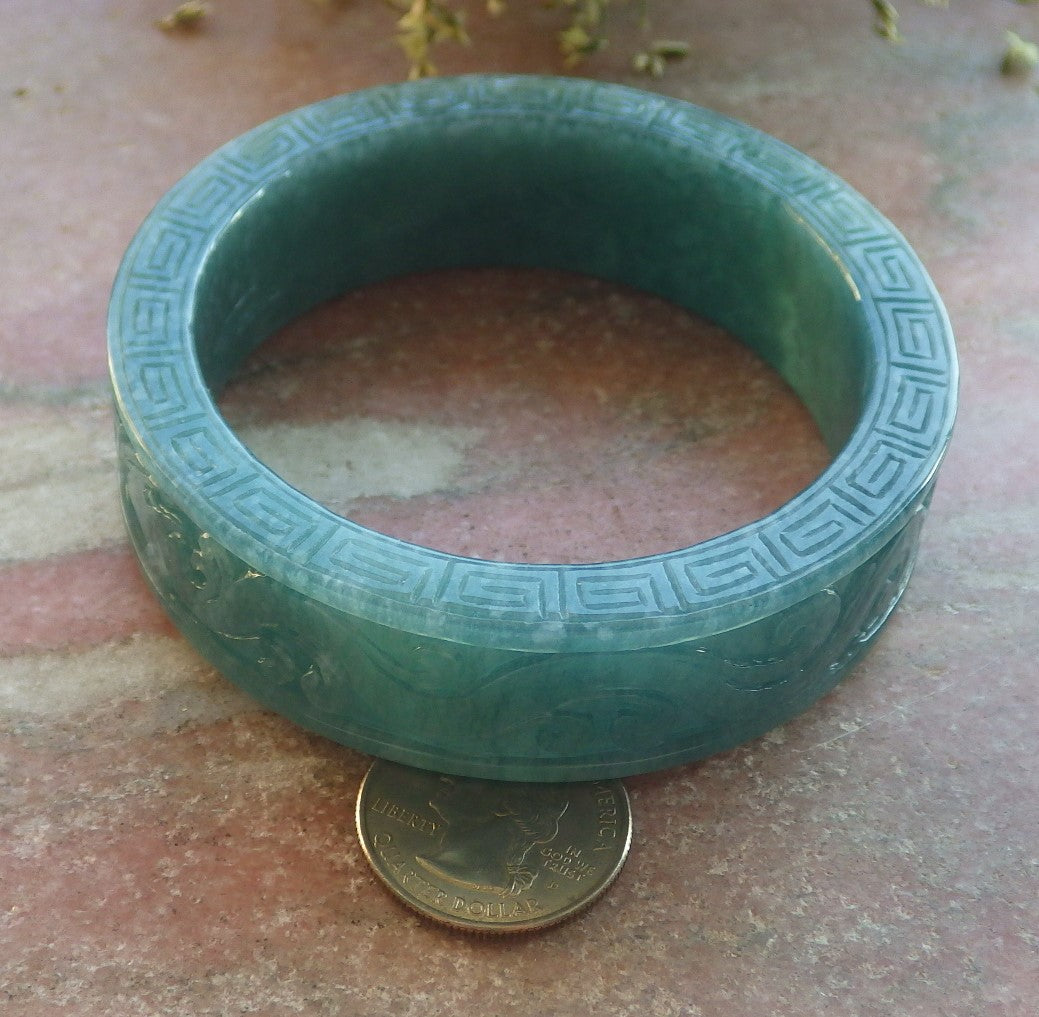 Certified Icy Green Burma 100% Natural A JADE Jadeite Dragon Phoenix Longevity Bangle Bracelet 64 mm 手镯 644211 TN