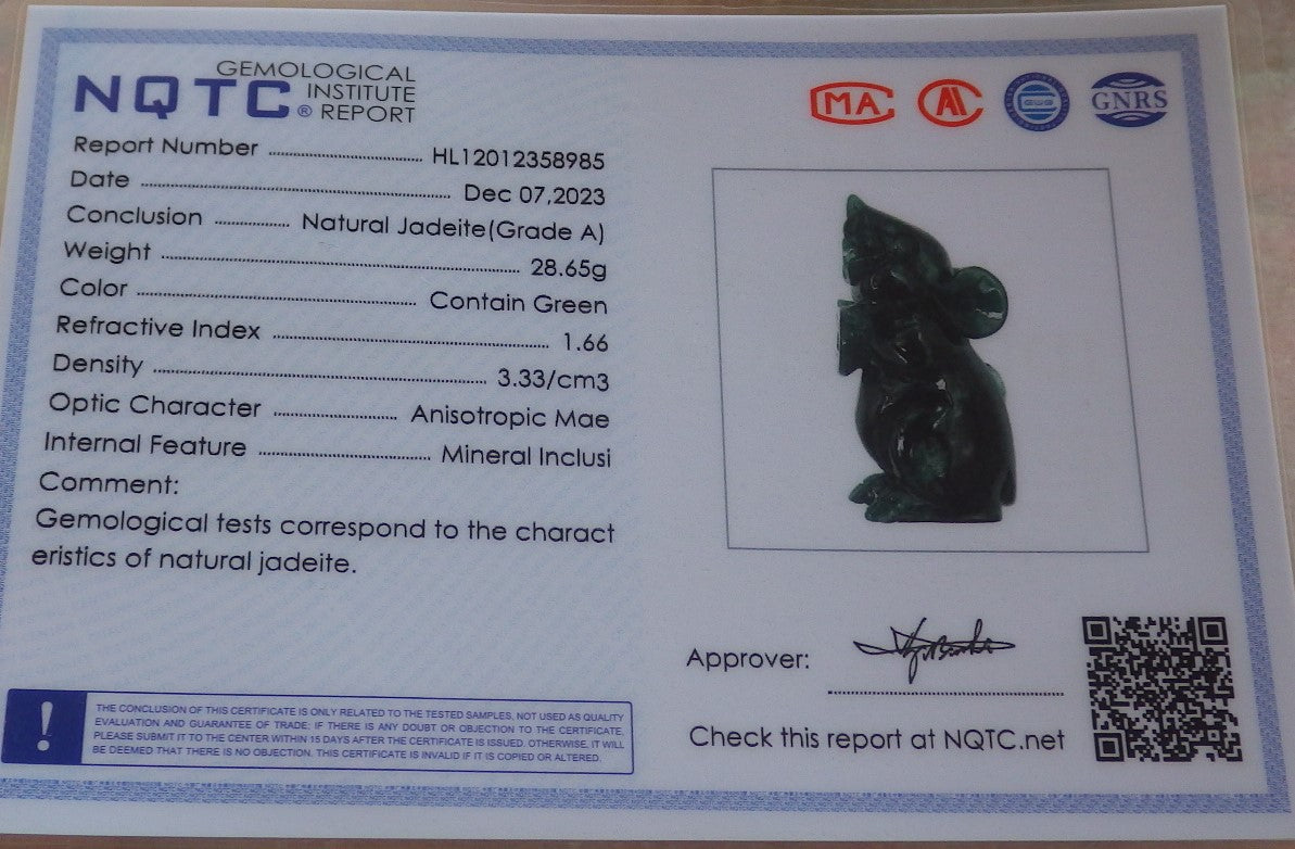 Certified Icy Green Burma 100% Natural A Jade jadeite Display Mouse Rat Money Coin 发财鼠 644259 TN