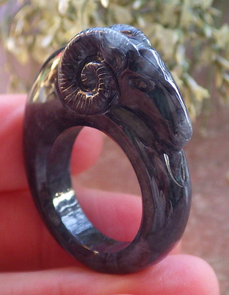 Certified Black Burma 100% Natural A JADE Jadeite Sheep RING USA. 9 戒指 644279 TN