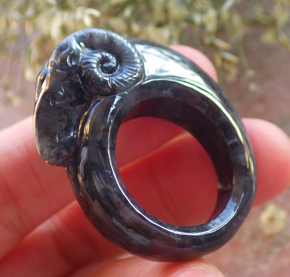 Certified Black Burma 100% Natural A JADE Jadeite Sheep RING USA. 9 戒指 644279 TN
