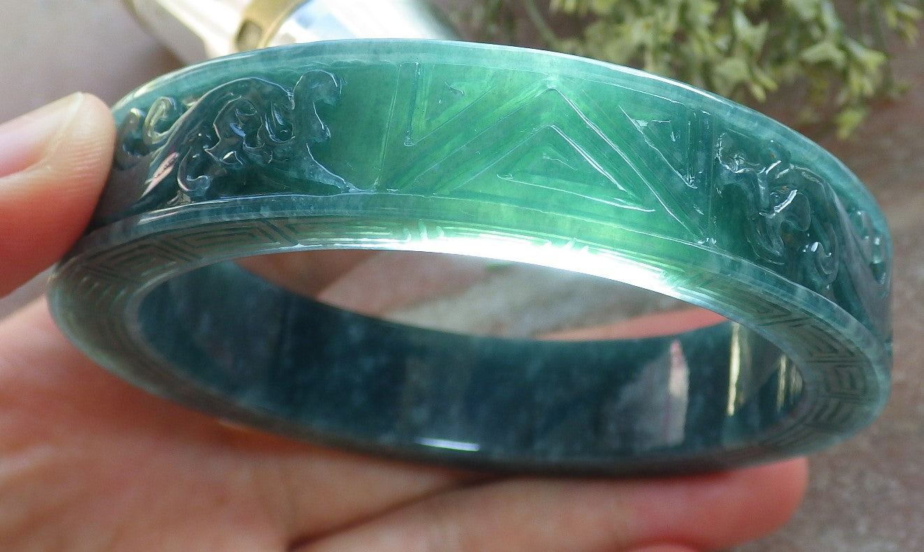 Certified Icy Green Burma 100% Natural A JADE Jadeite Dragon Phoenix Longevity Bangle Bracelet 63 mm 手镯 644331 TN