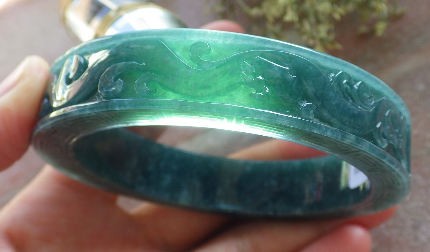 Certified Icy Green Burma 100% Natural A JADE Jadeite Dragon Phoenix Longevity Bangle Bracelet 63 mm 手镯 644331 TN