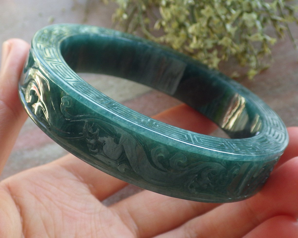 Certified Icy Green Burma 100% Natural A JADE Jadeite Dragon Phoenix Longevity Bangle Bracelet 63 mm 手镯 644331 TN