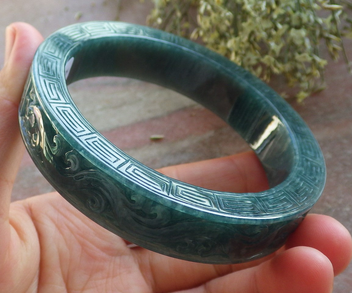 Certified Icy Green Burma 100% Natural A JADE Jadeite Dragon Phoenix Longevity Bangle Bracelet 63 mm 手镯 644331 TN