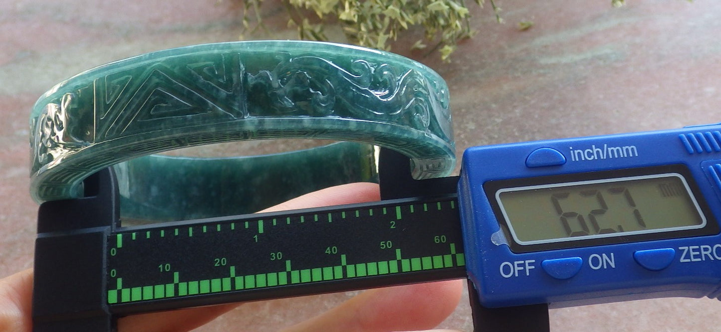 Certified Icy Green Burma 100% Natural A JADE Jadeite Dragon Phoenix Longevity Bangle Bracelet 63 mm 手镯 644331 TN