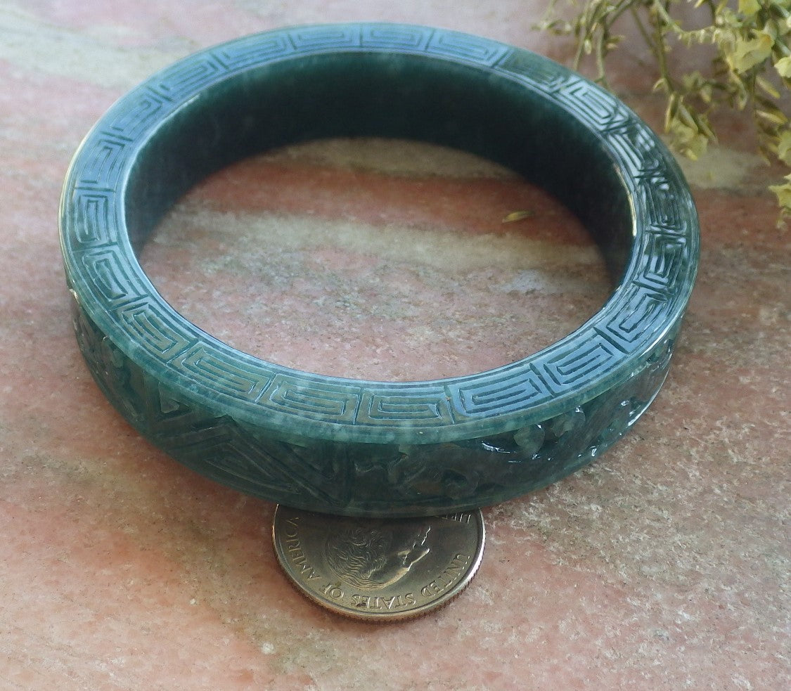 Certified Icy Green Burma 100% Natural A JADE Jadeite Dragon Phoenix Longevity Bangle Bracelet 63 mm 手镯 644331 TN