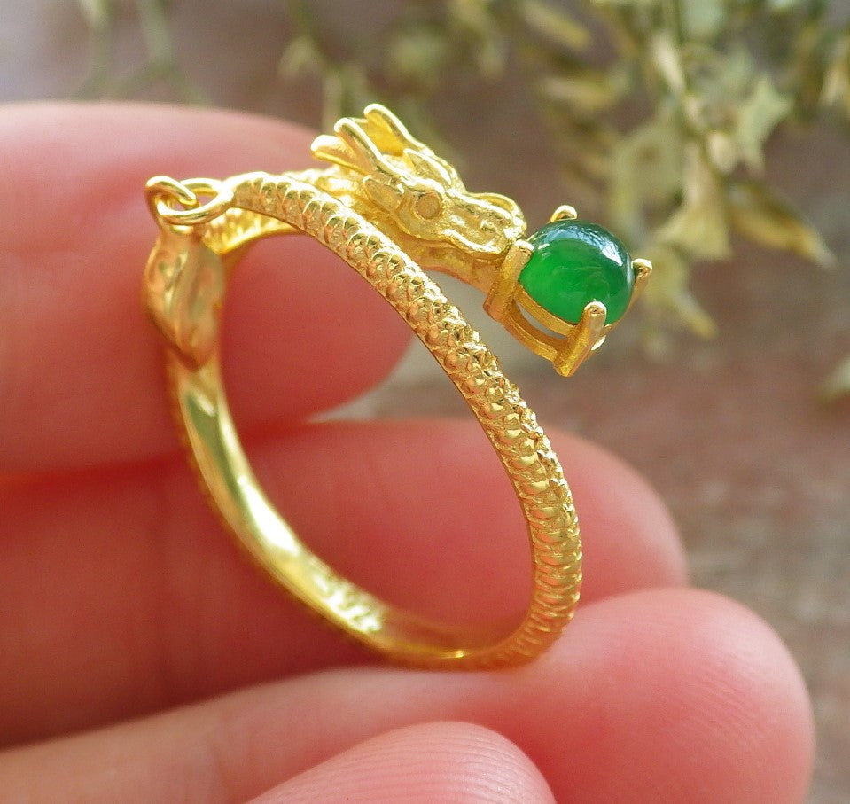 Certified Icy Green silver 0.925 Burma 100% Natural A JADE Jadeite Cabochon Dragon RING USA 7 戒指 644343 TN