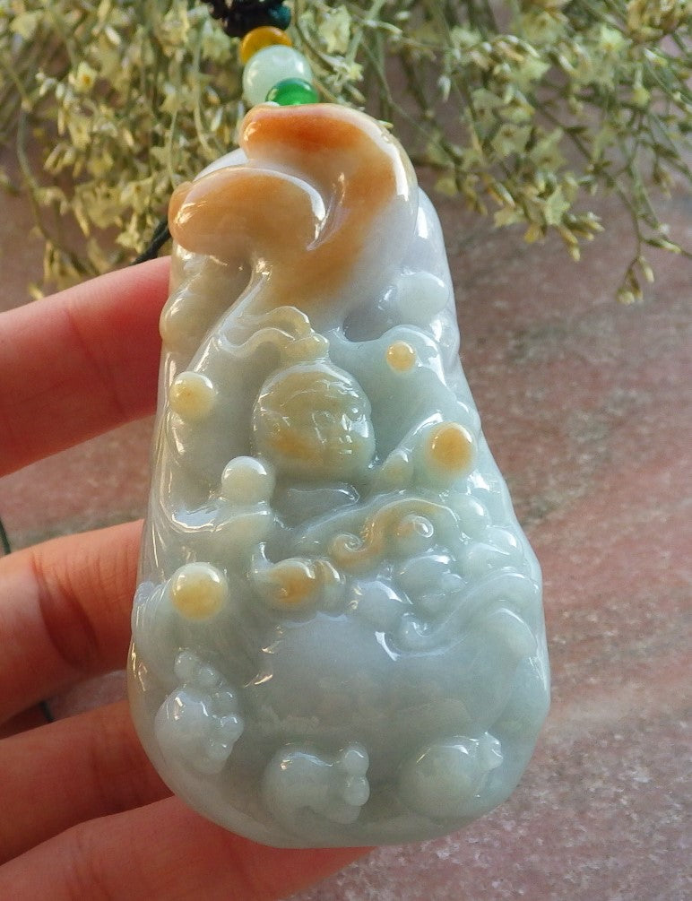 Certified Red Green Burma 100% Natural A Jade jadeite pendant Sun Wu Kong God Dragon Necklace 孙悟空 644464 TN