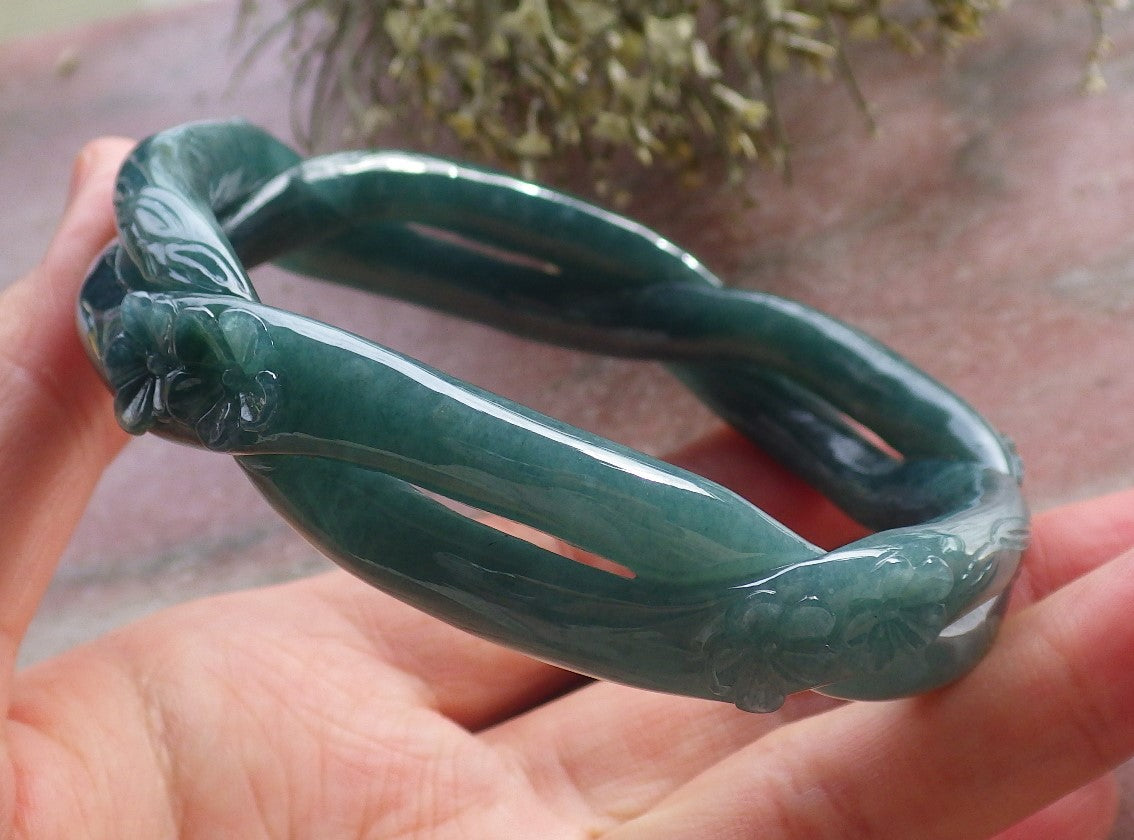 Certified Icy Green Burma 100% Natural A JADE Jadeite Flower Knotted Bangle Bracelet 64 mm 手镯 644616 TN