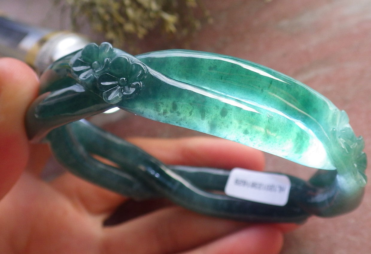 Certified Icy Green Burma 100% Natural A JADE Jadeite Flower Knotted Bangle Bracelet 62 mm 手镯 644678 TN