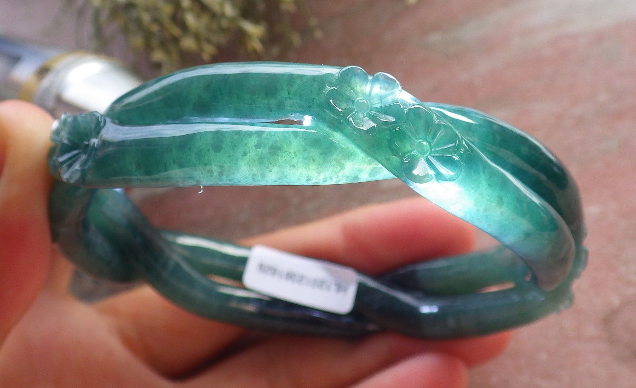 Certified Icy Green Burma 100% Natural A JADE Jadeite Flower Knotted Bangle Bracelet 62 mm 手镯 644678 TN