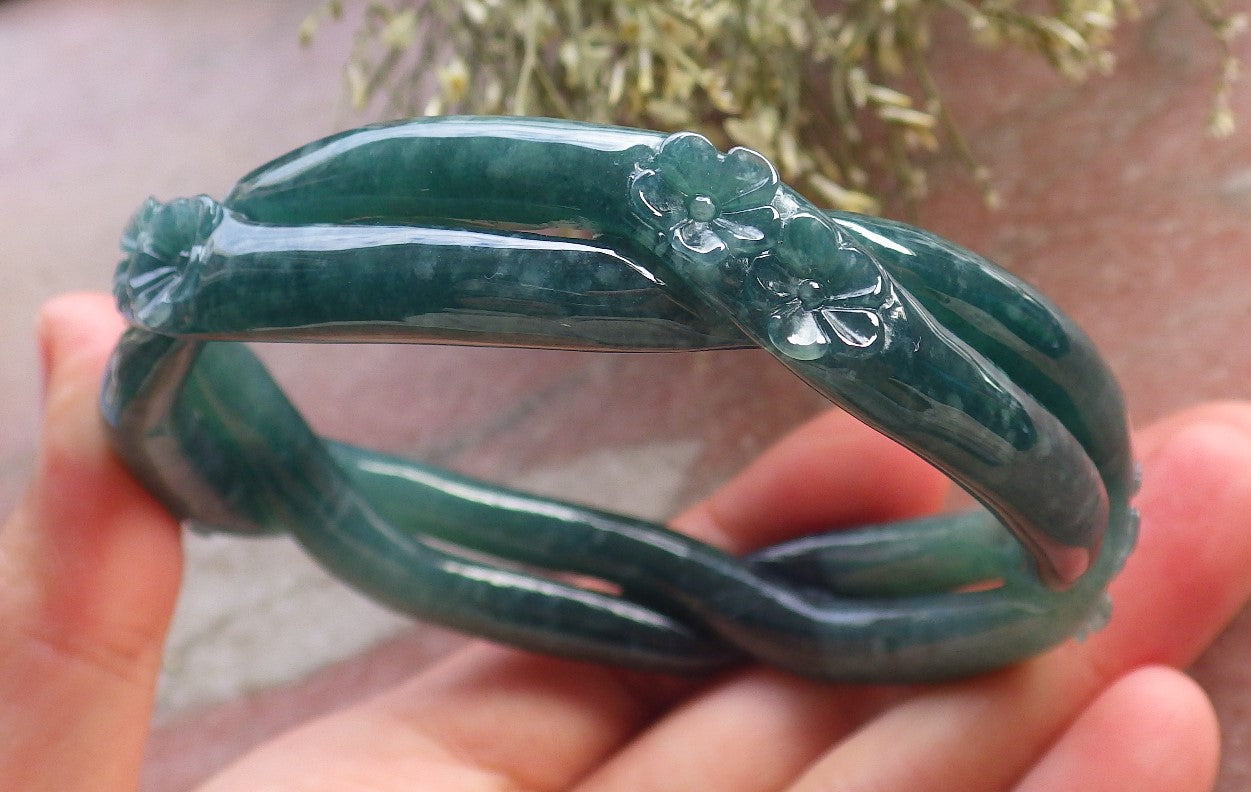 Certified Icy Green Burma 100% Natural A JADE Jadeite Flower Knotted Bangle Bracelet 62 mm 手镯 644678 TN