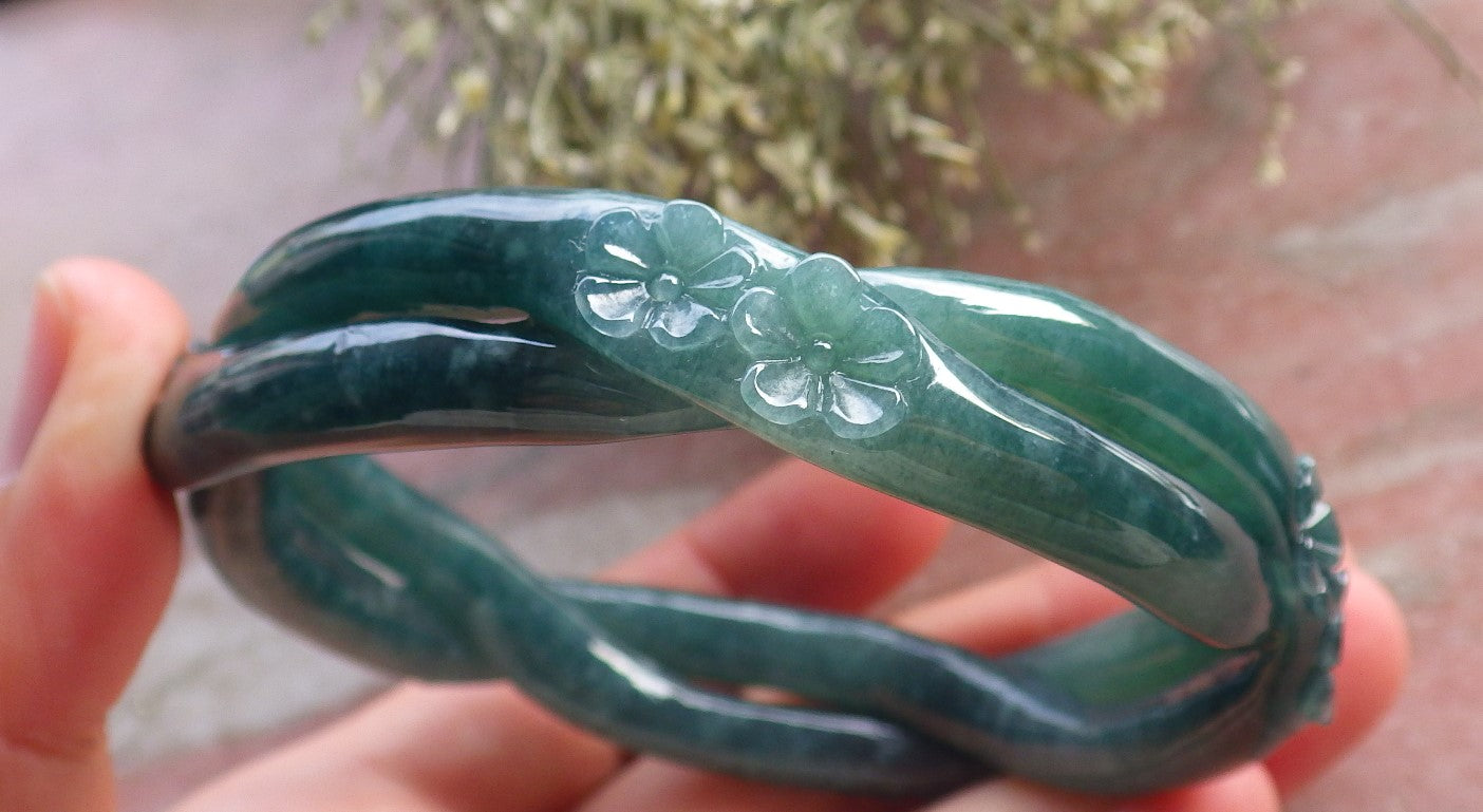 Certified Icy Green Burma 100% Natural A JADE Jadeite Flower Knotted Bangle Bracelet 62 mm 手镯 644678 TN