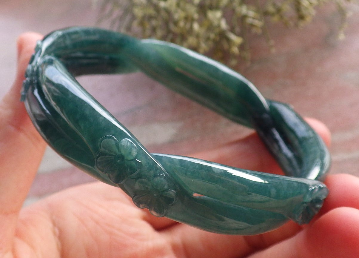 Certified Icy Green Burma 100% Natural A JADE Jadeite Flower Knotted Bangle Bracelet 62 mm 手镯 644678 TN