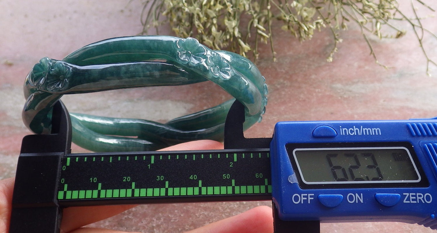 Certified Icy Green Burma 100% Natural A JADE Jadeite Flower Knotted Bangle Bracelet 62 mm 手镯 644678 TN