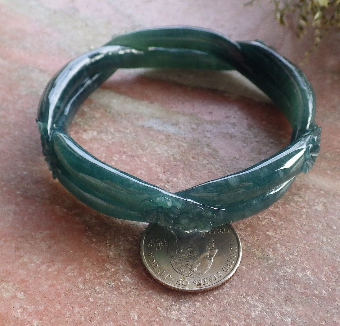 Certified Icy Green Burma 100% Natural A JADE Jadeite Flower Knotted Bangle Bracelet 62 mm 手镯 644678 TN