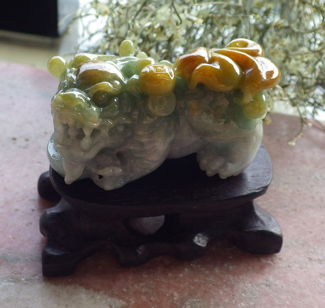 Certified Yellow Green Burma 100% Natural A Jade jadeite Display Dragon Pi Xiu Money Coin 风水貔貅 644711 TN