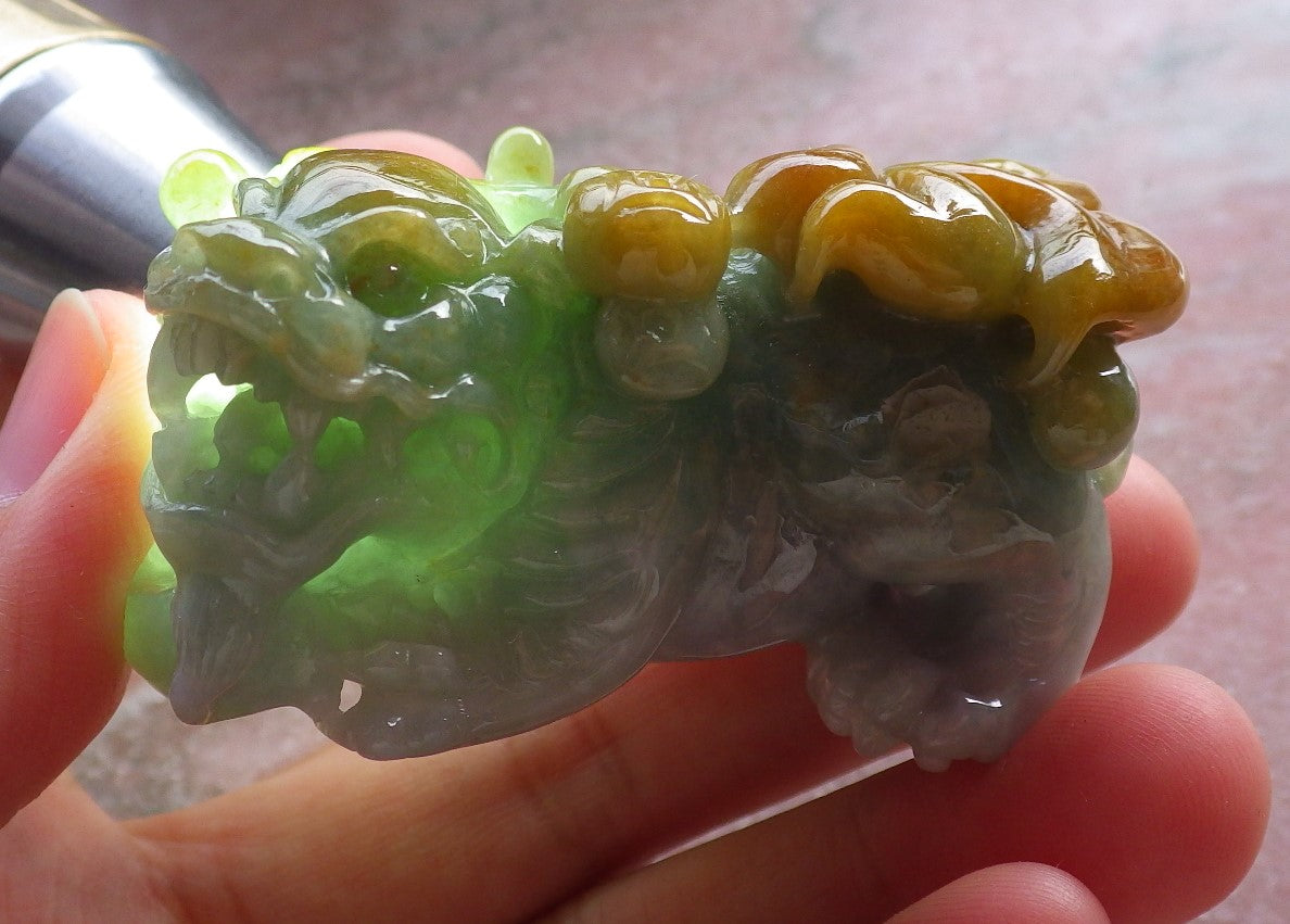 Certified Yellow Green Burma 100% Natural A Jade jadeite Display Dragon Pi Xiu Money Coin 风水貔貅 644711 TN