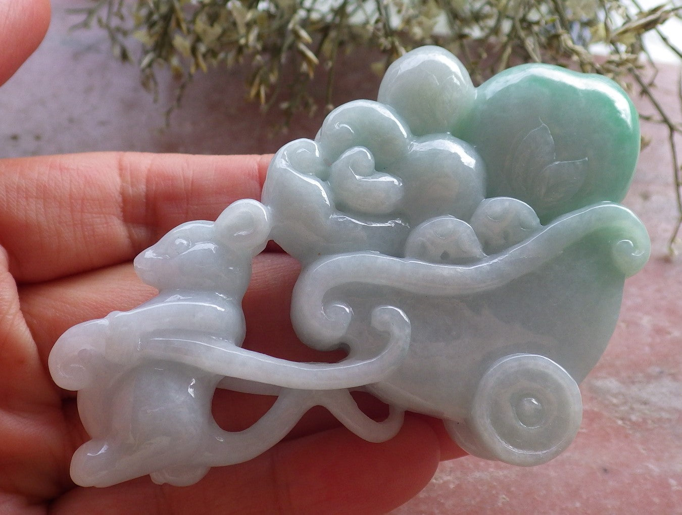 Certified Green Burma 100% Natural A Jade jadeite Display Mouse Rat Coin Peach Ginseng 发财鼠 644721 TN